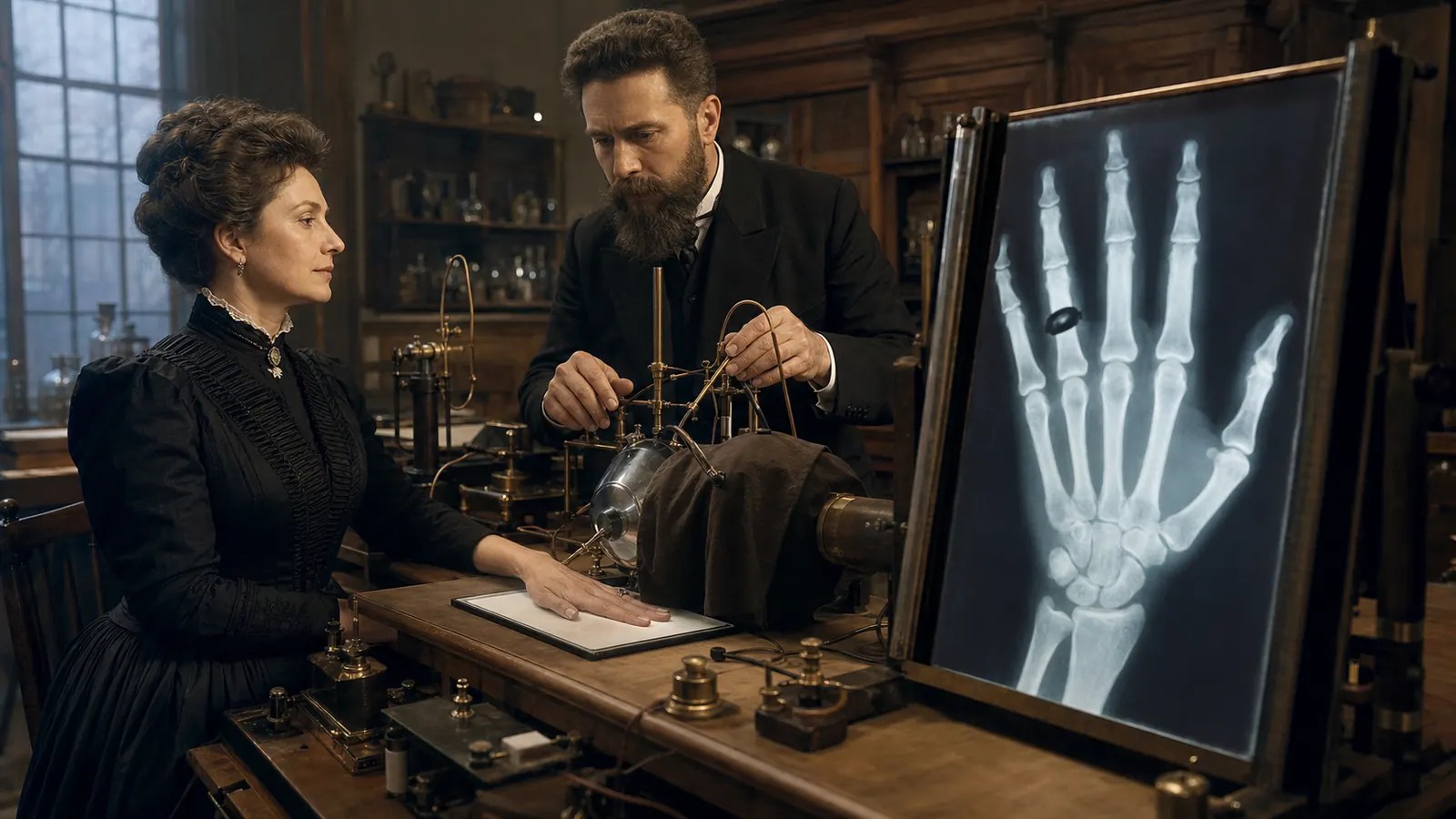 Anna Bertha Röntgen places her ringed hand over a plate during an early X-ray experiment.