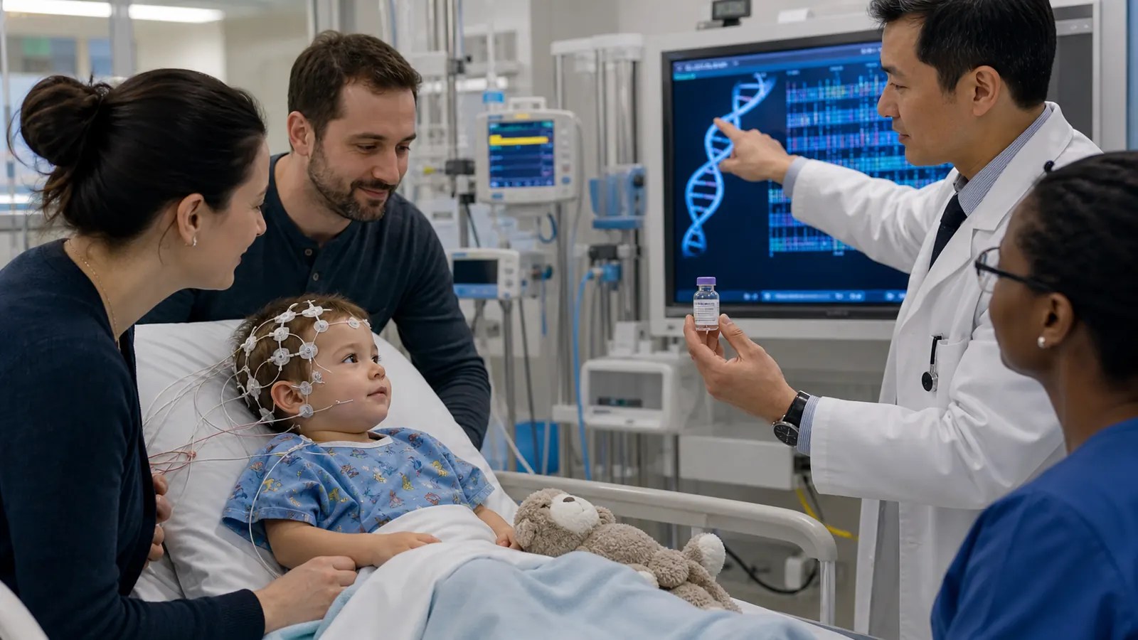 Cammdon lies awake with EEG monitors as a geneticist explains the DNA finding that revealed his vitamin B6 responsive epilepsy.