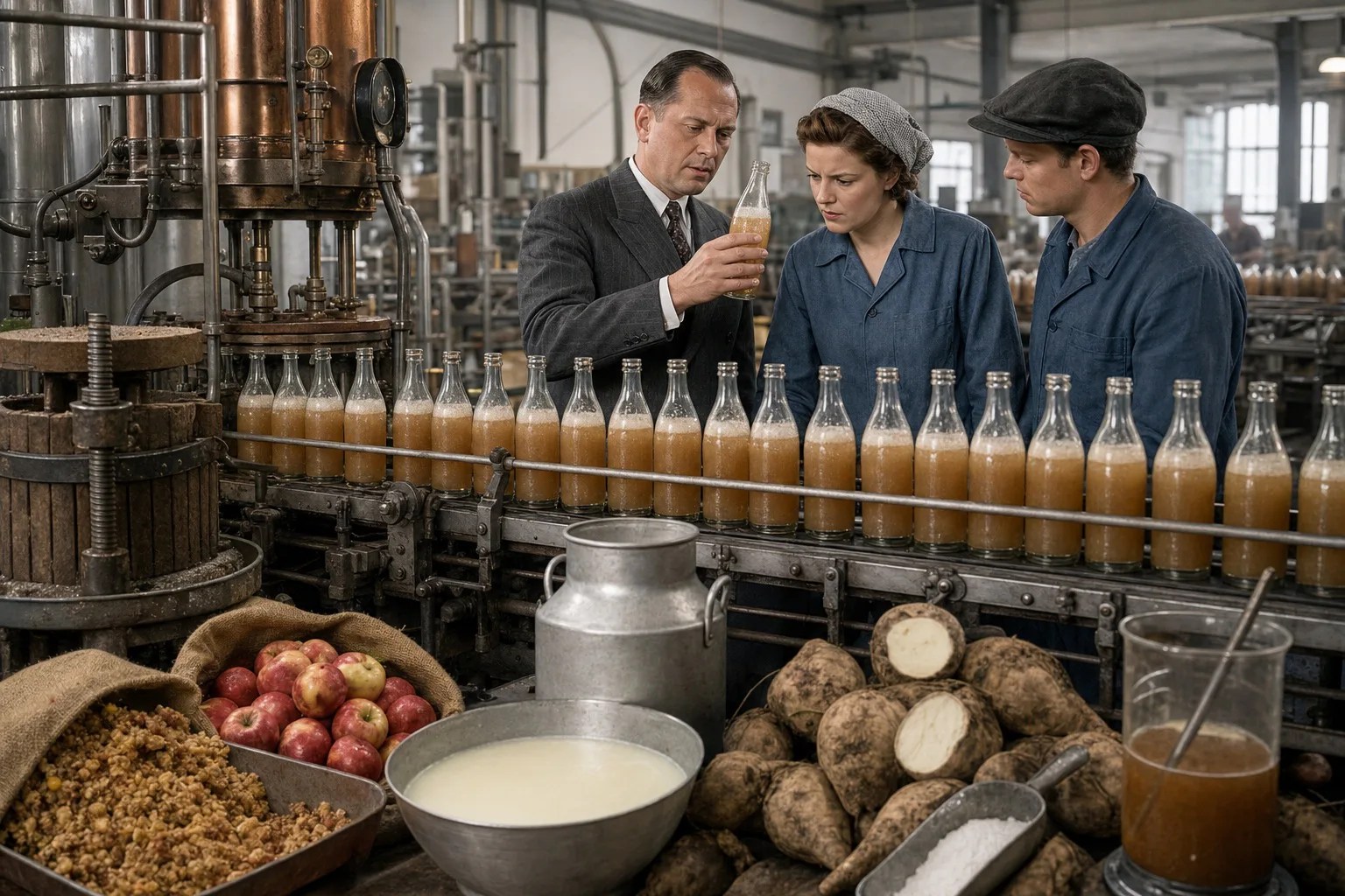 German factory workers inspecting early Fanta made from apple remnants, whey and beet sugar during World War II.