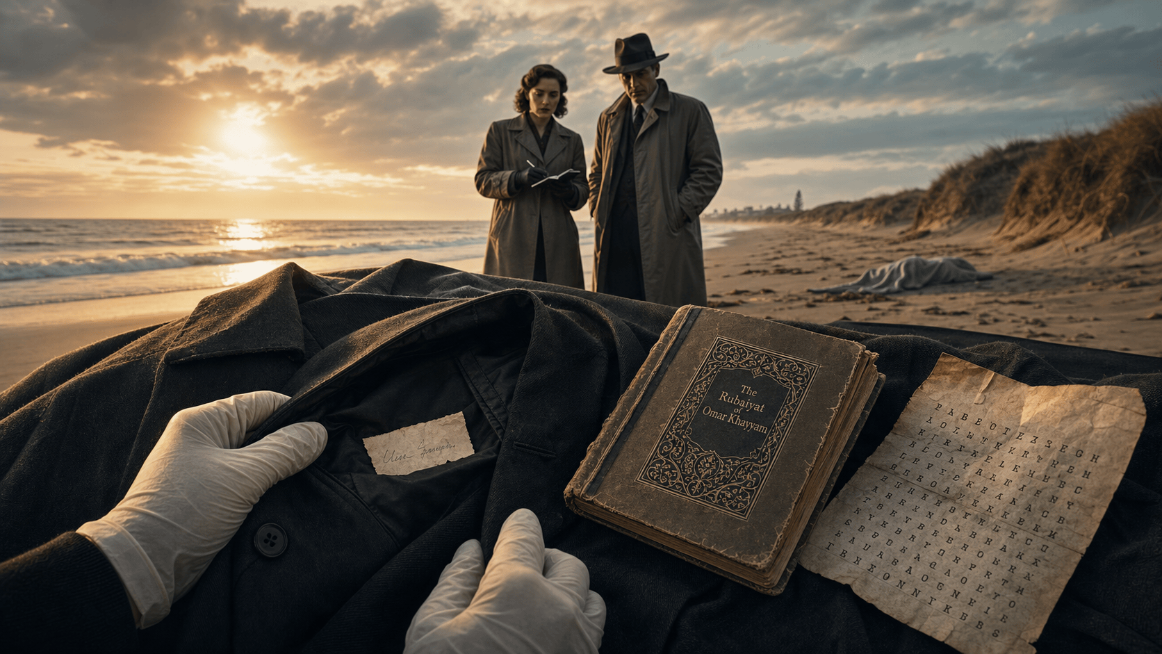 Gloved hands reveal a tiny hidden note inside a suit pocket beside a poetry book and coded page on Somerton Beach.