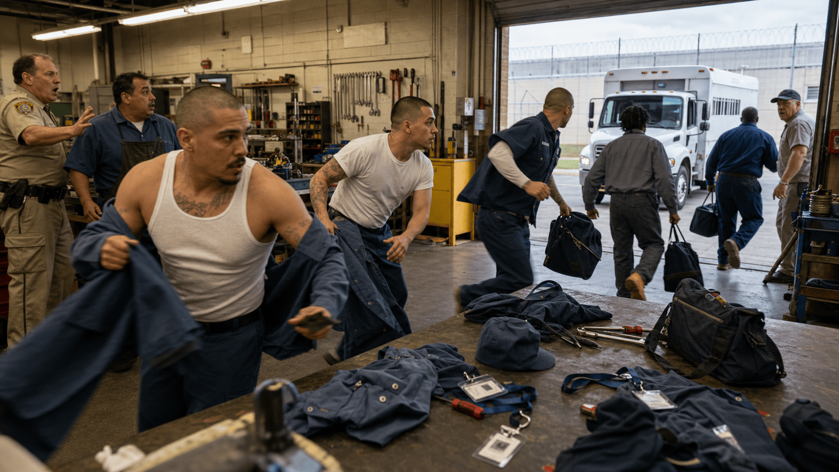Several inmates rush through a prison workshop with stolen uniforms, ID lanyards, and tool bags while staff react near an open bay and waiting truck.
