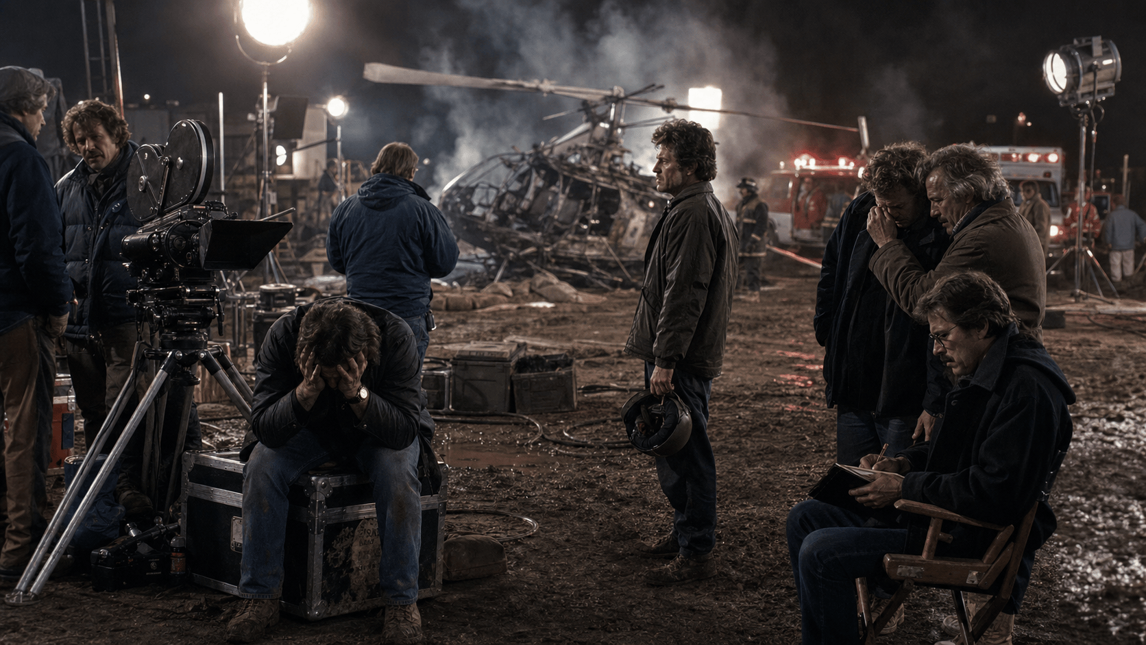 Devastated film crew members stand near helicopter wreckage, smoke, cameras, and emergency lights on an early 1980s night shoot.