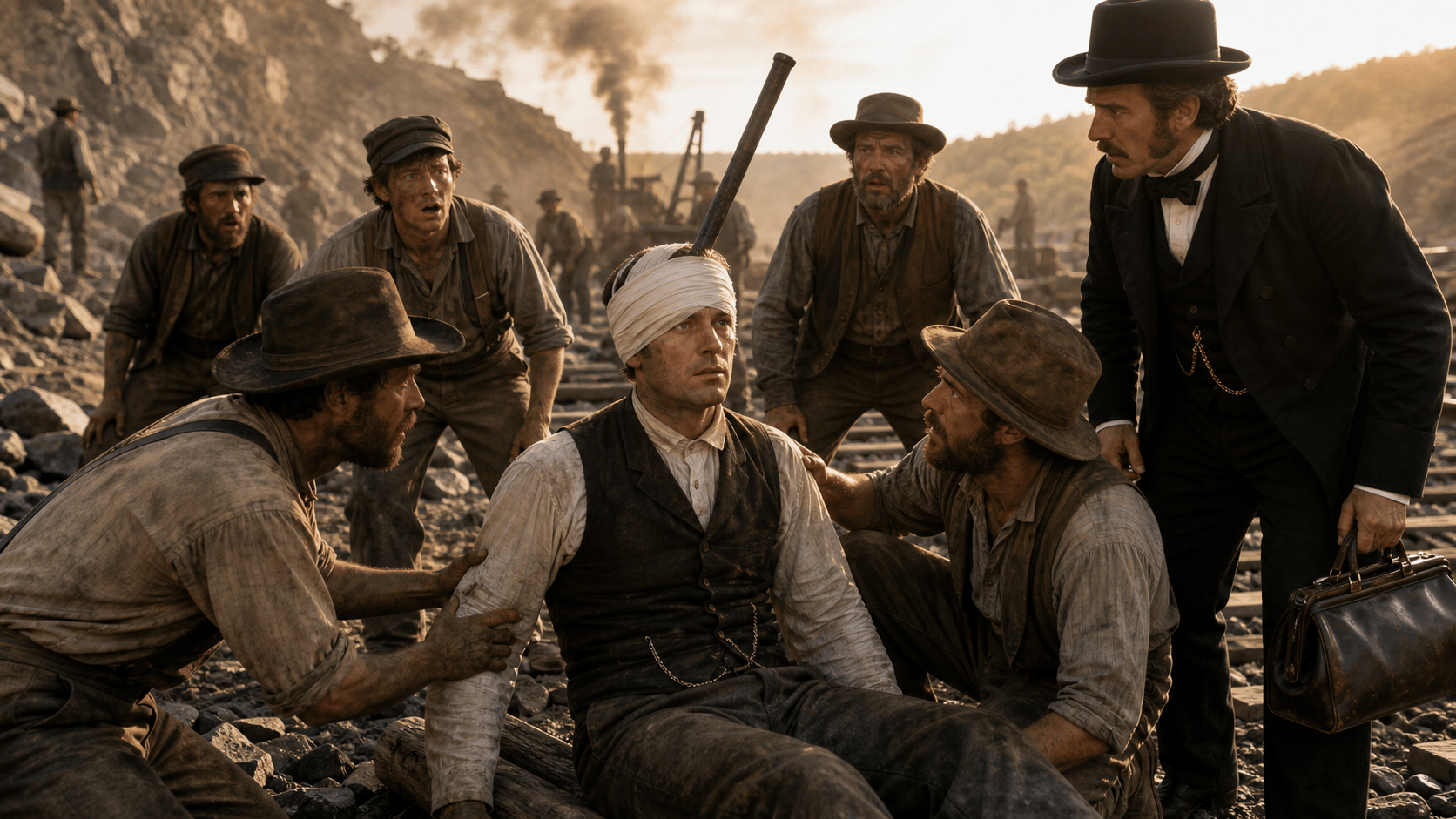A bandaged railroad worker sits conscious after an accident with a metal rod protruding upward while stunned workers and a doctor surround him.