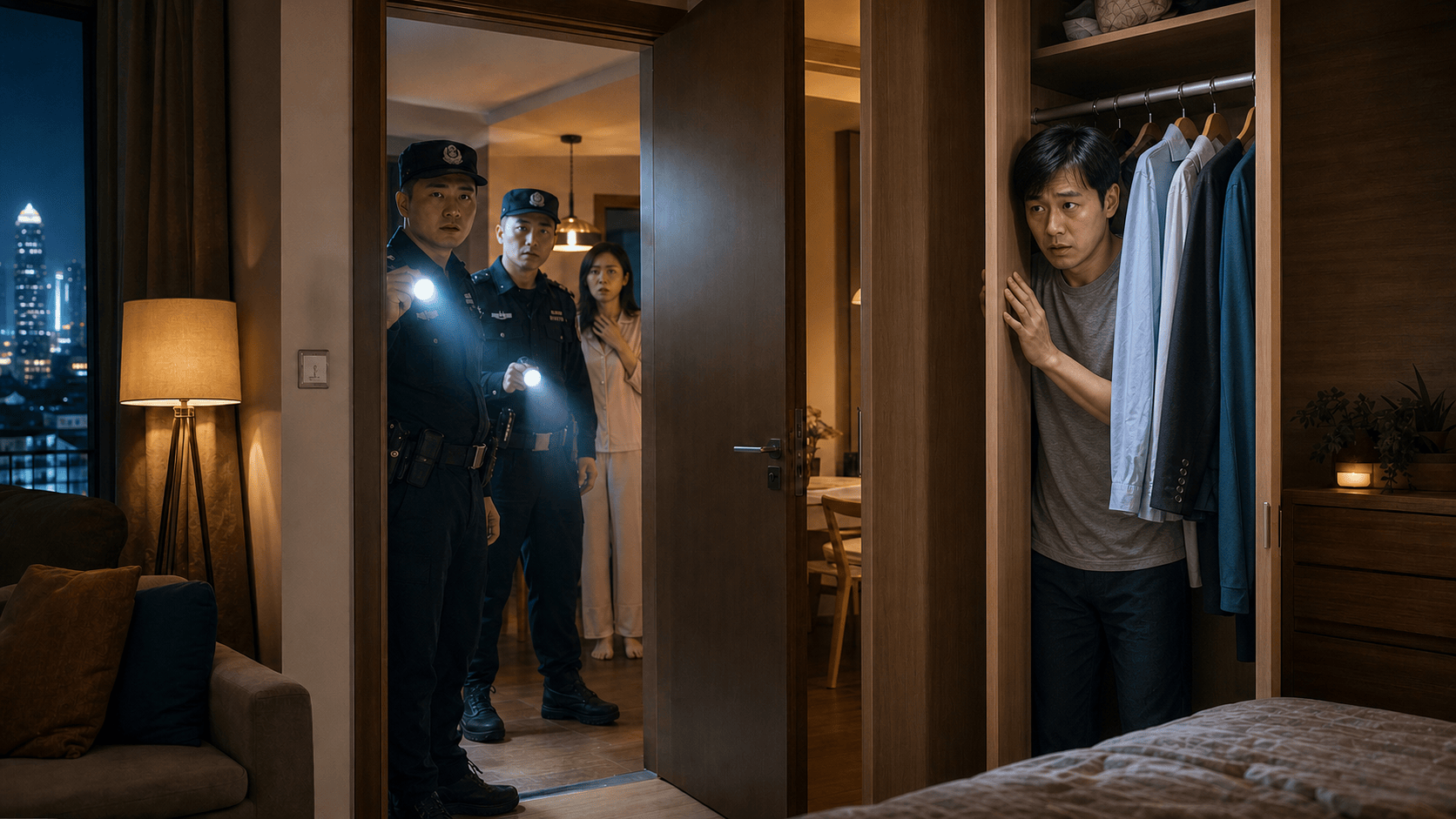 Police officers enter an apartment while a startled wife stands behind them and a nervous husband hides inside an open wardrobe.