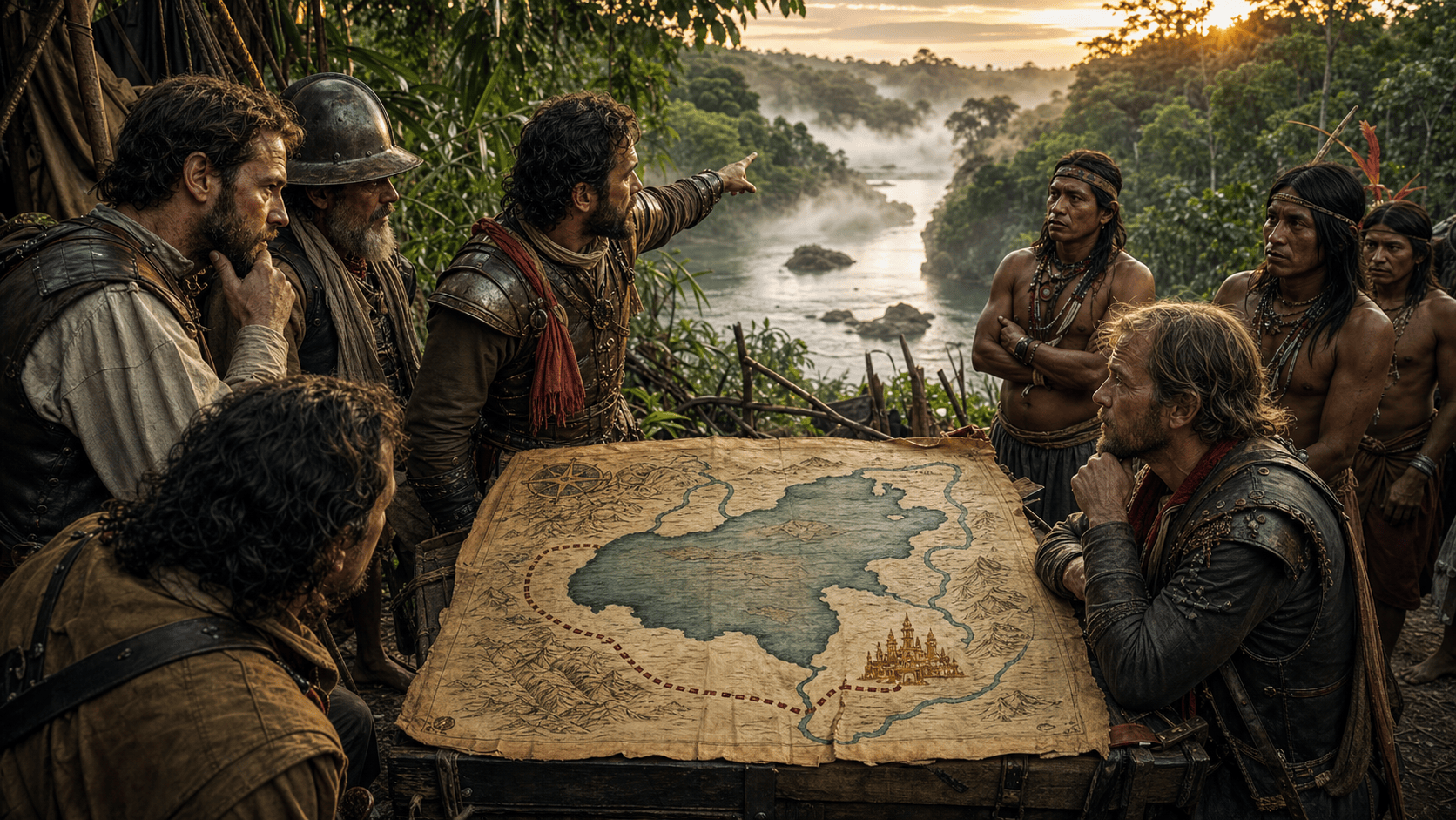 Explorers and Indigenous guides study a map showing a huge imagined lake and a route toward a legendary golden city.