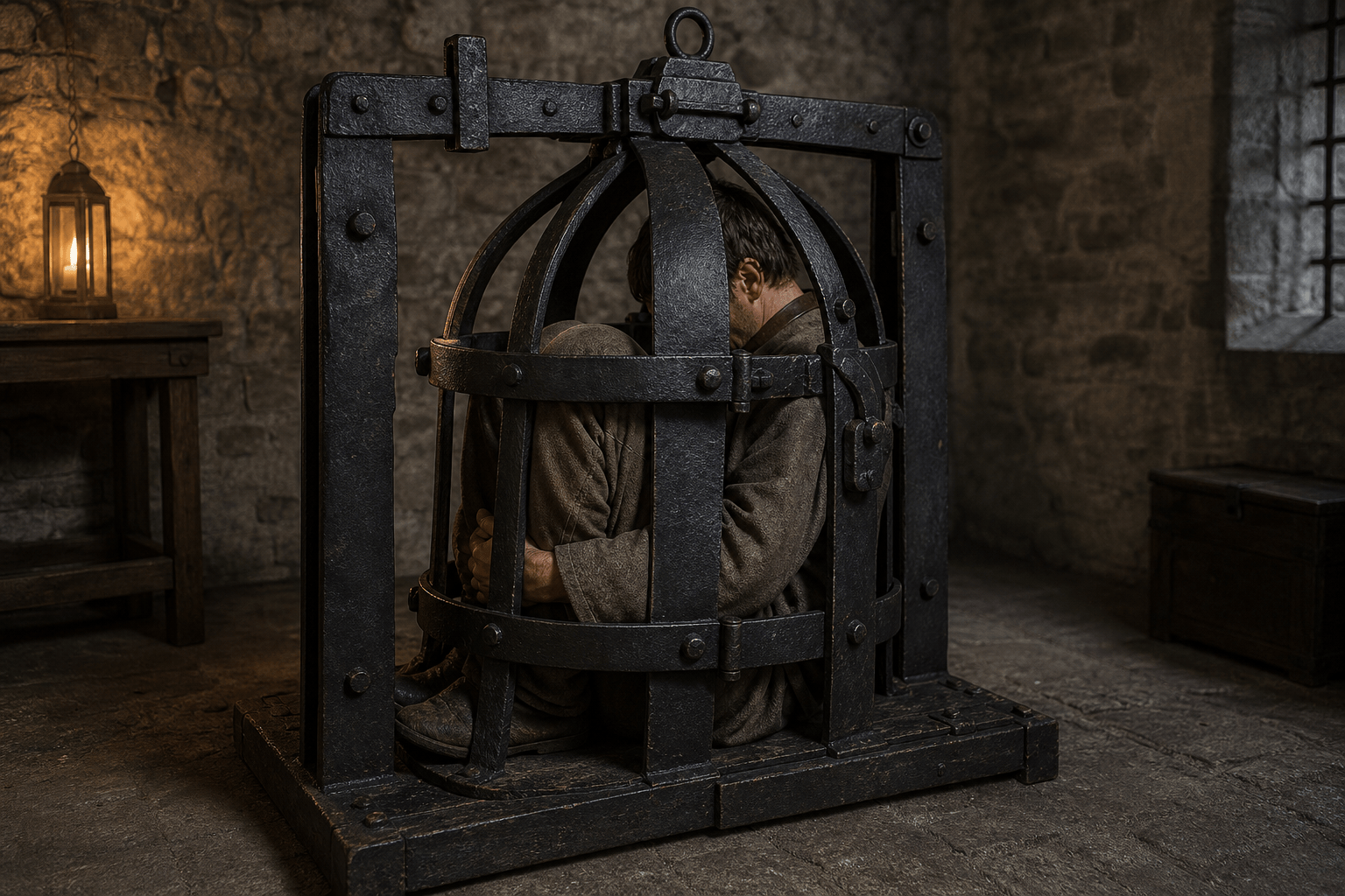A clothed prisoner restrained inside a black iron Scavenger’s Daughter compression device in a dim stone chamber, with no gore shown.