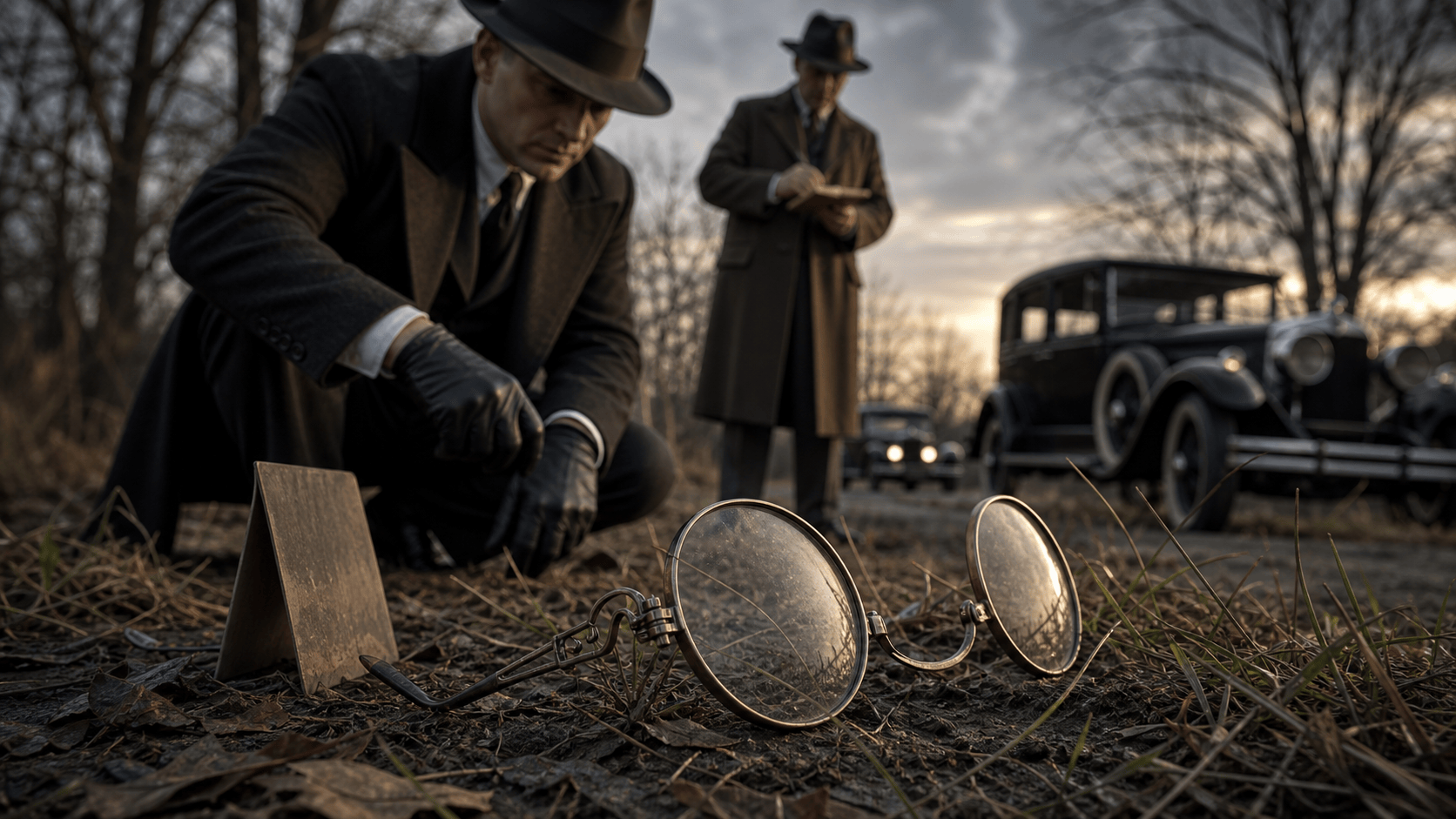 A pair of round eyeglasses lies in the grass near investigators and a vintage car during a 1920s crime scene search.