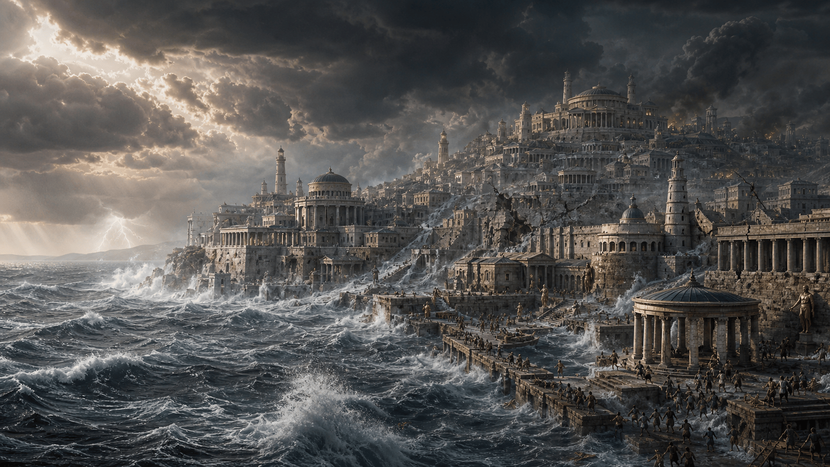 Ancient coastal city with towers and temples being overwhelmed by storm waves and rising sea.