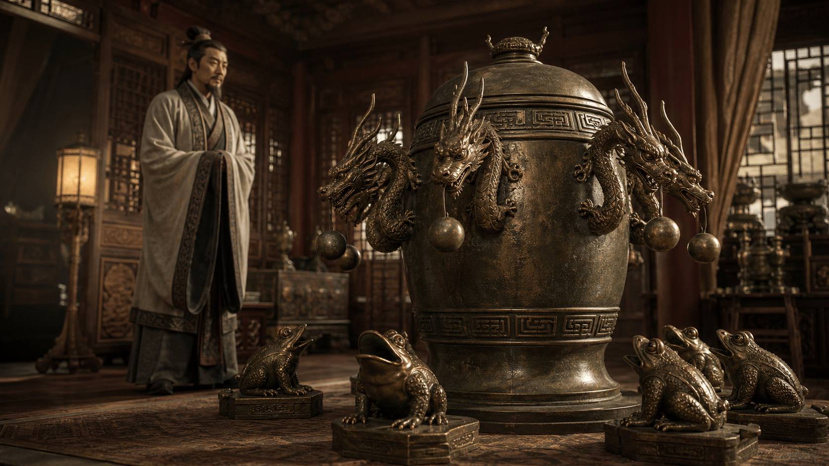 Ornate bronze Chinese seismoscope with dragon heads, small balls, and toad figures in an ancient chamber.