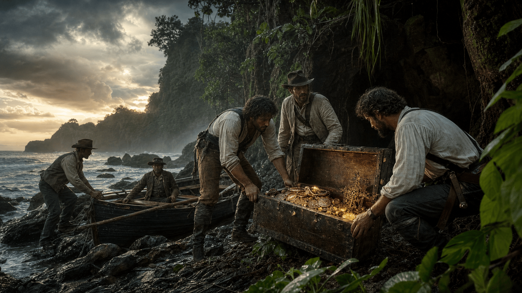 Treasure hunters unload a chest of gold coins and jeweled objects from a boat on a misty tropical island shore.