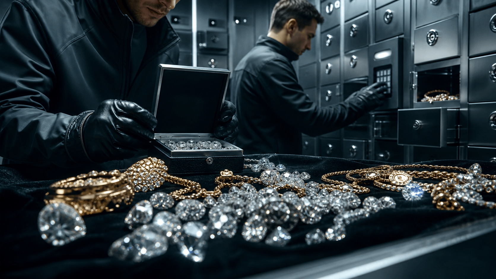 Gloved thieves empty safe deposit boxes onto black velvet covered with diamonds, gold, and jewelry.
