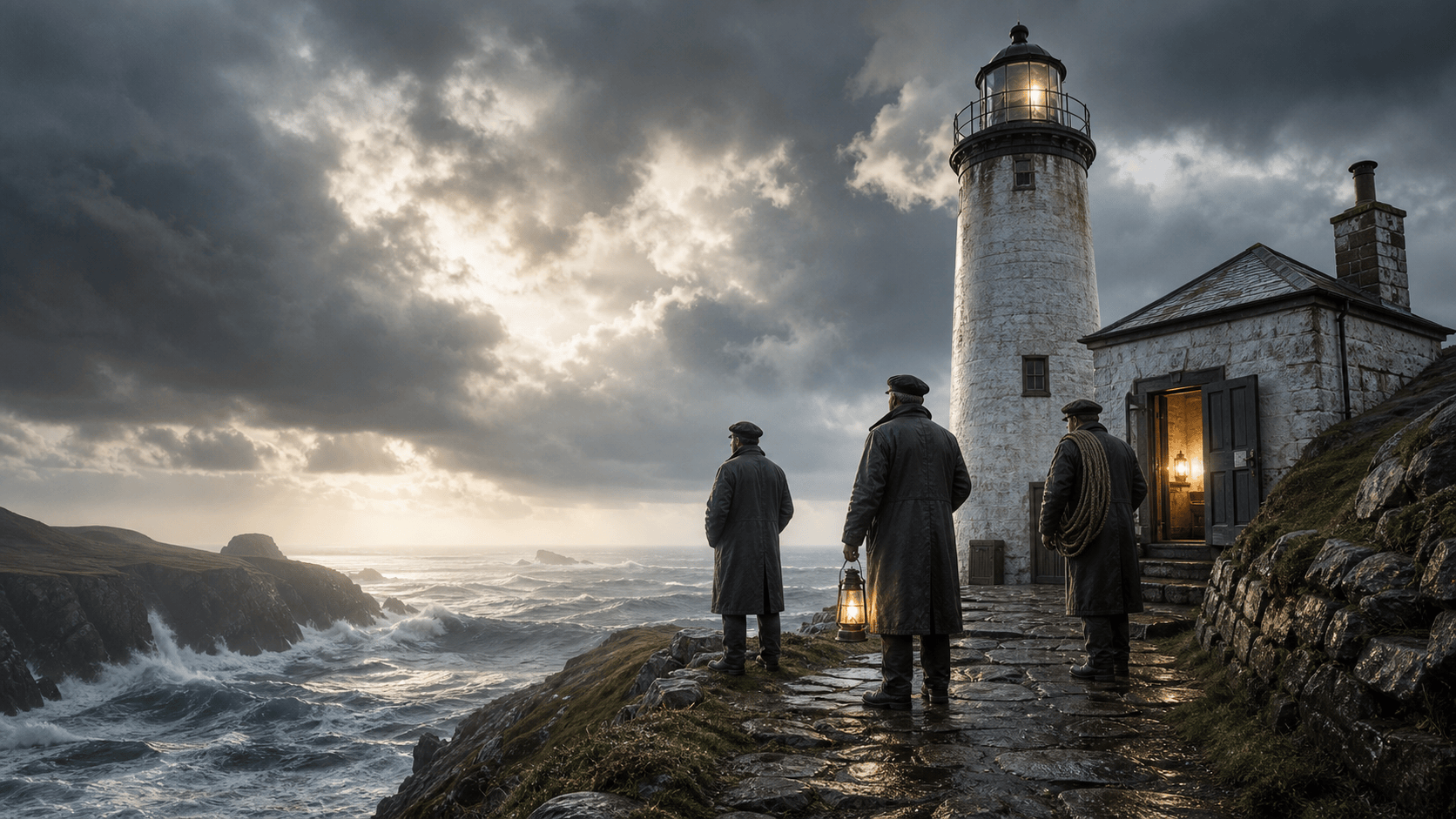 Three lighthouse keepers stand outside a remote lighthouse on a stormy coastal cliff with rough sea below.