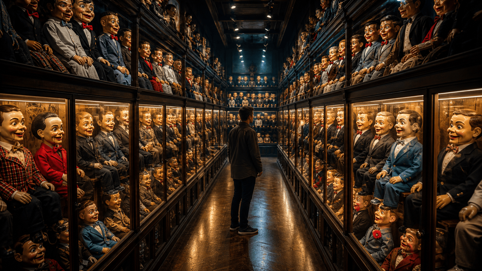 A lone visitor stands in a museum aisle lined with rows of ventriloquist dummies in glass cases and on shelves.