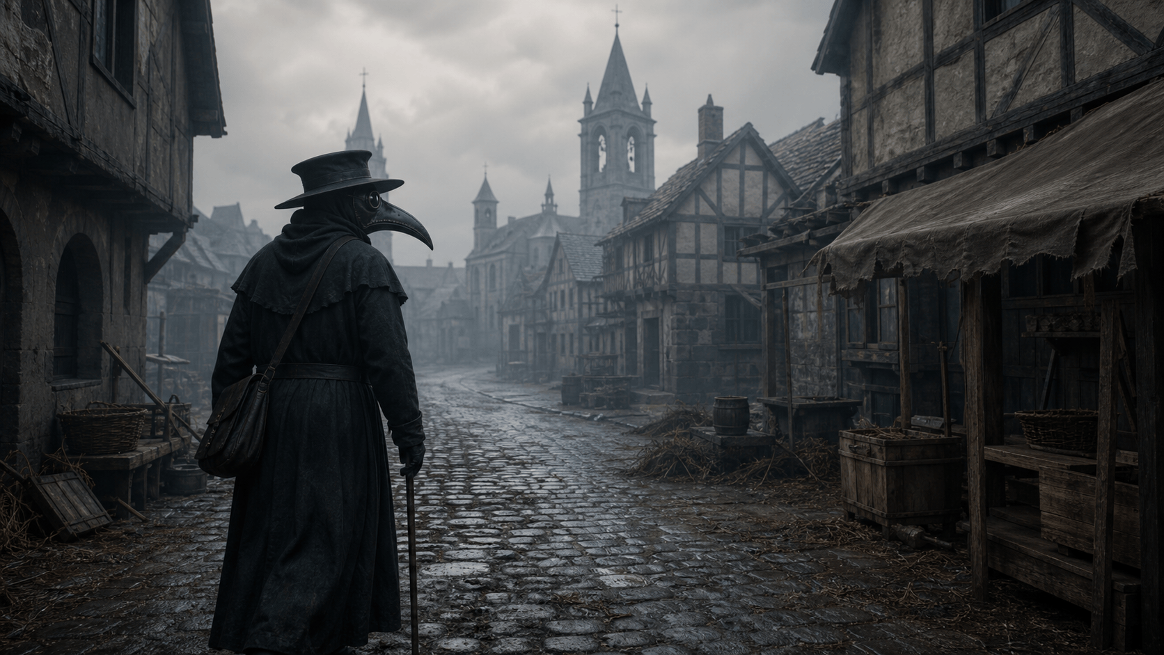 A plague doctor walking through an empty medieval street with shuttered buildings and foggy light.
