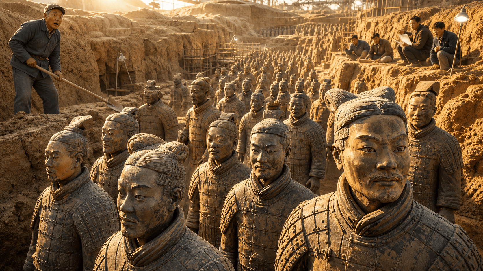 A farmer and archaeologists uncover rows of detailed terracotta soldiers in a large excavation pit.