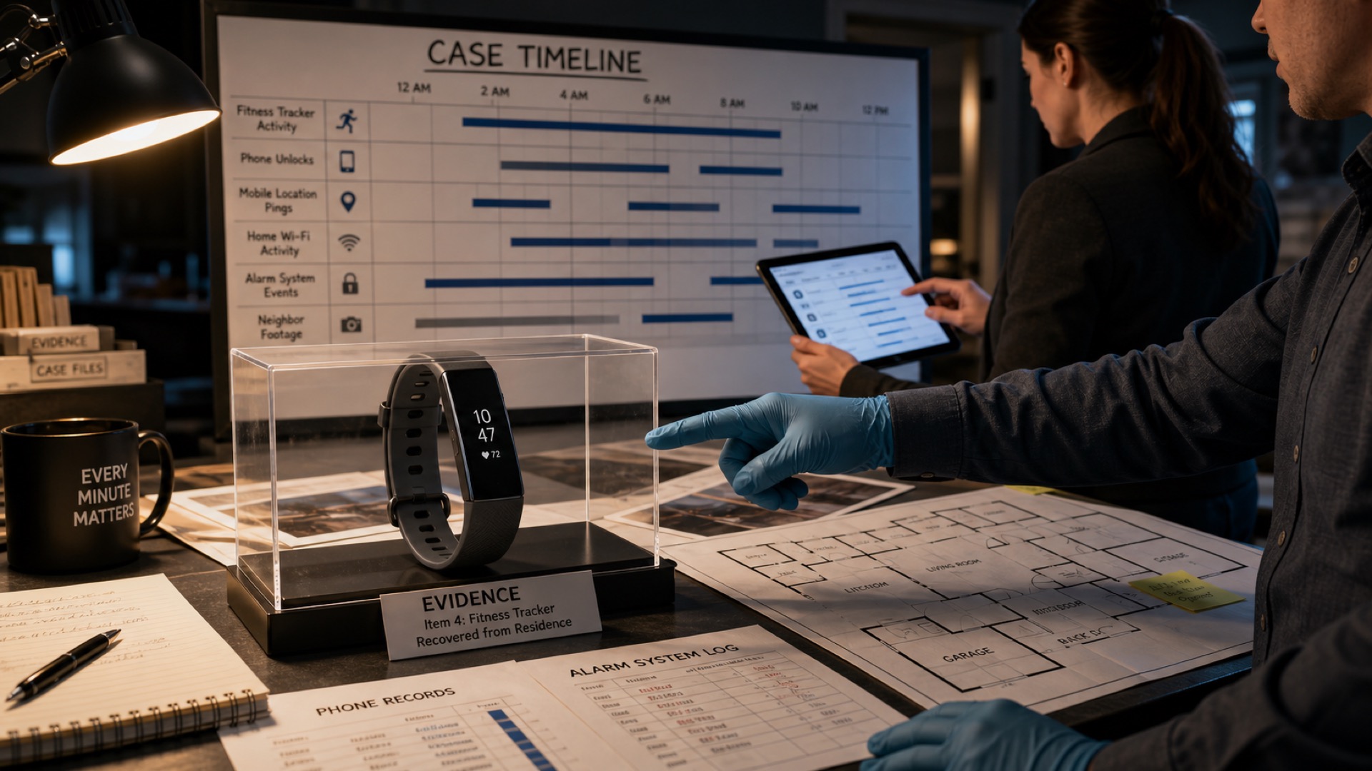 A fitness tracker sits in an evidence case beside a timeline board, phone records, and home floor plans during a murder investigation.