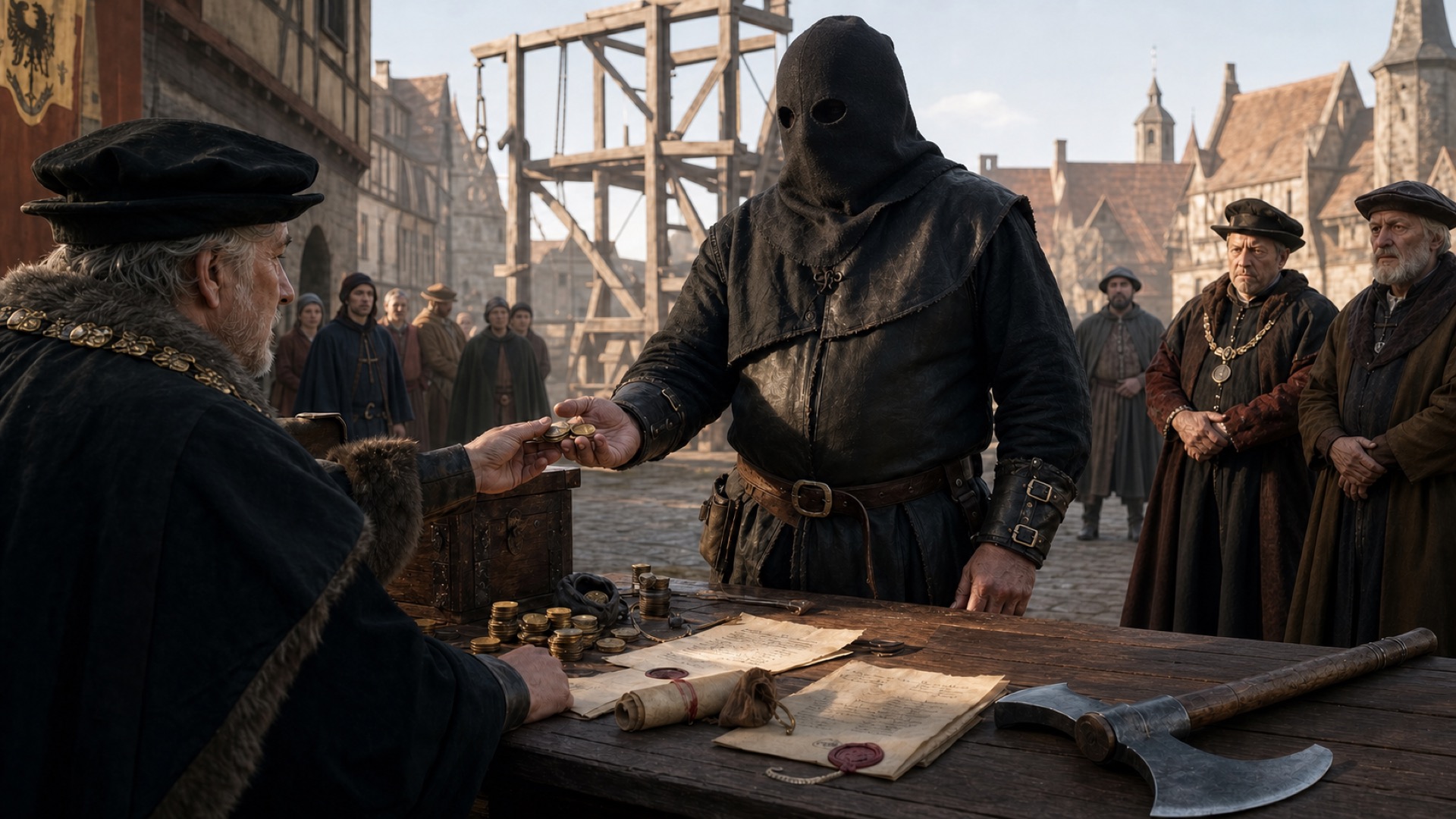 A hooded executioner receives coins from a town official beside legal documents, an axe, and a distant scaffold in a medieval square.