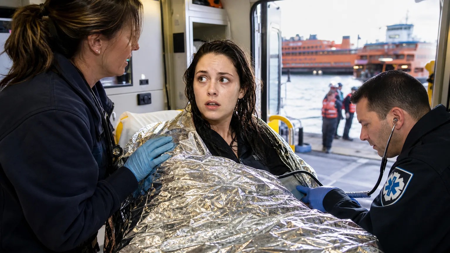Hannah Upp wakes confused inside an ambulance after her rescue from New York Harbor in 2008.
