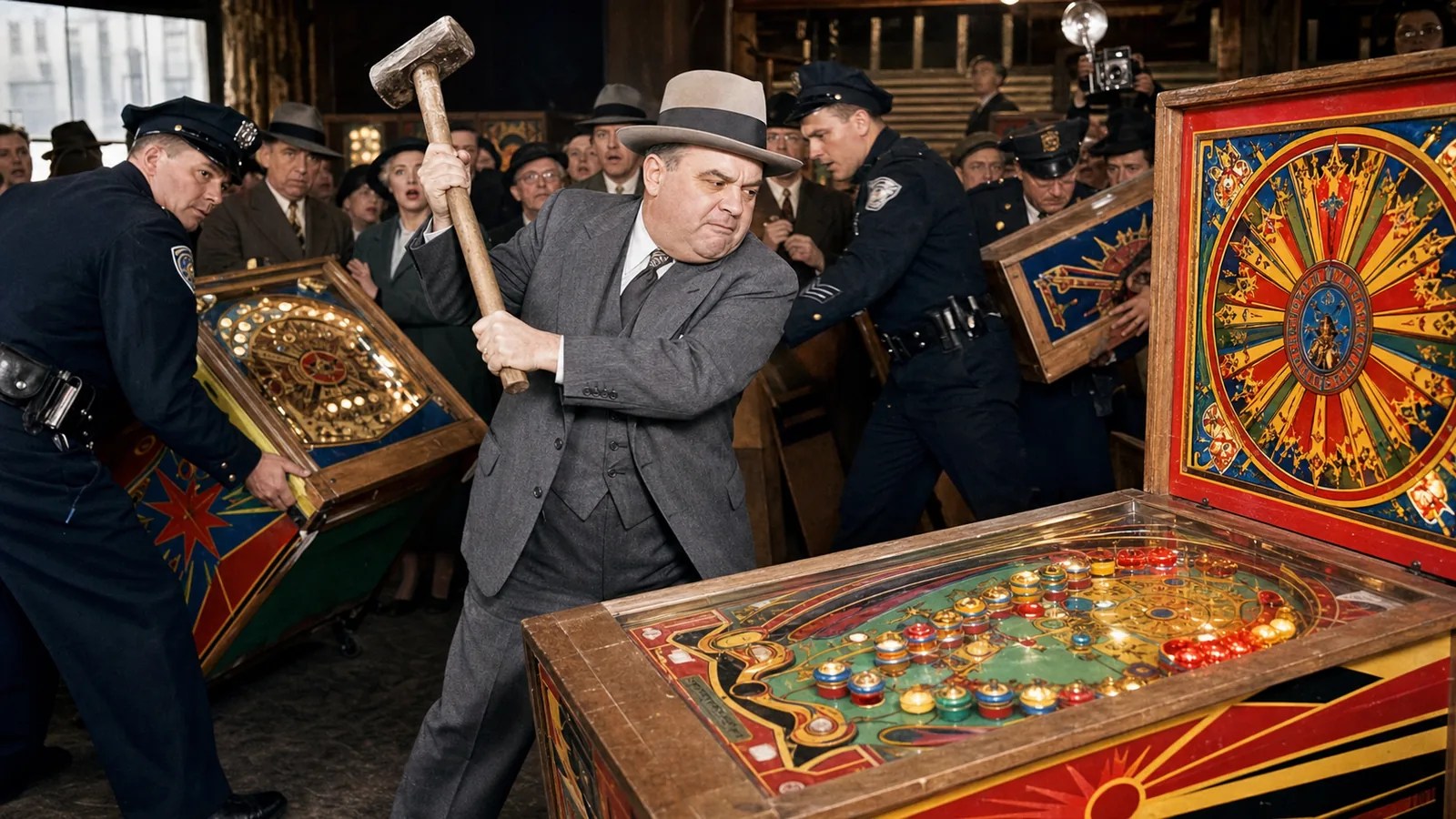 New York officials confiscating pinball machines as a man prepares to smash one during the 1942 crackdown.