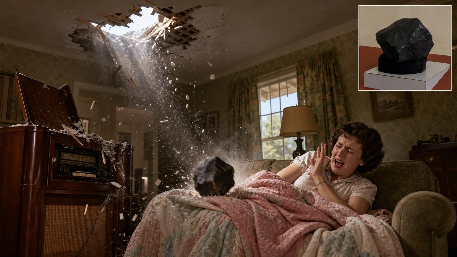 A meteorite crashes through Ann Hodges’s ceiling, strikes her radio and ricochets toward her couch.