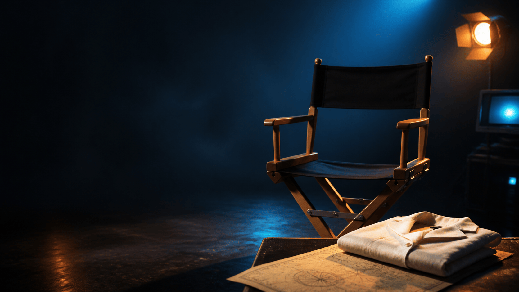 Illustrative tribute to Eric Dane, showing an actor’s chair, studio lights, a white coat and a naval chart on a soundstage