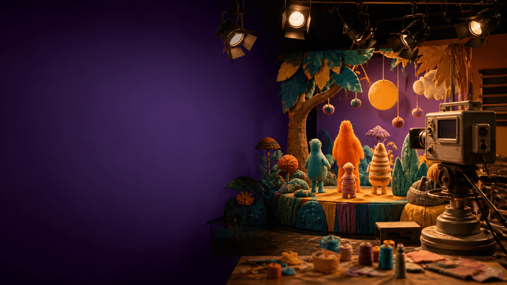 Illustrative tribute to Sid Krofft with a whimsical handcrafted puppet stage, fantasy set and vintage television camera