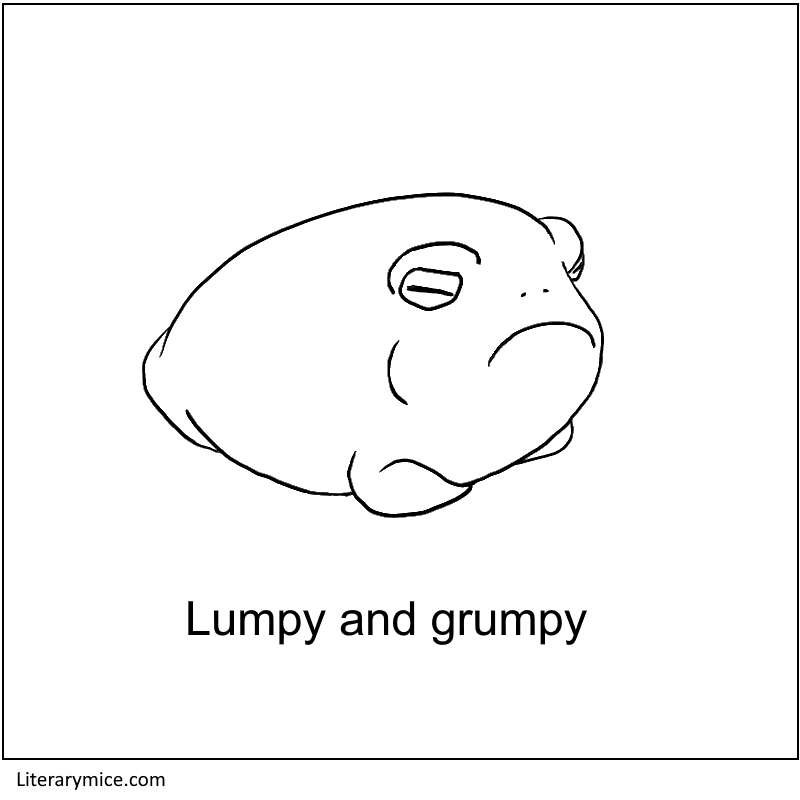 A grouchy looking frog with its legs tucked under it. The caption says lumpy and grumpy.