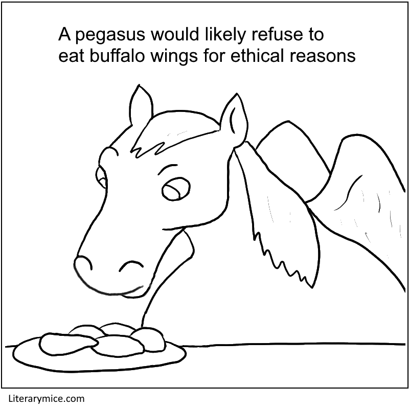 A pegasus looks skeptically at a plate of wings. Text reads "A pegasus would likely refuse to eat buffalo wings for ethical reasons."