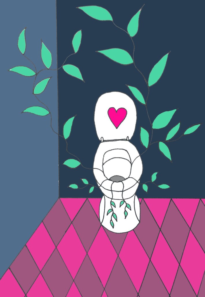 A cartoonish illustration of a toilet with green leaves growing around it, and a heart shape on the toilet lid, set against a dark blue wall and pink tiled floor.