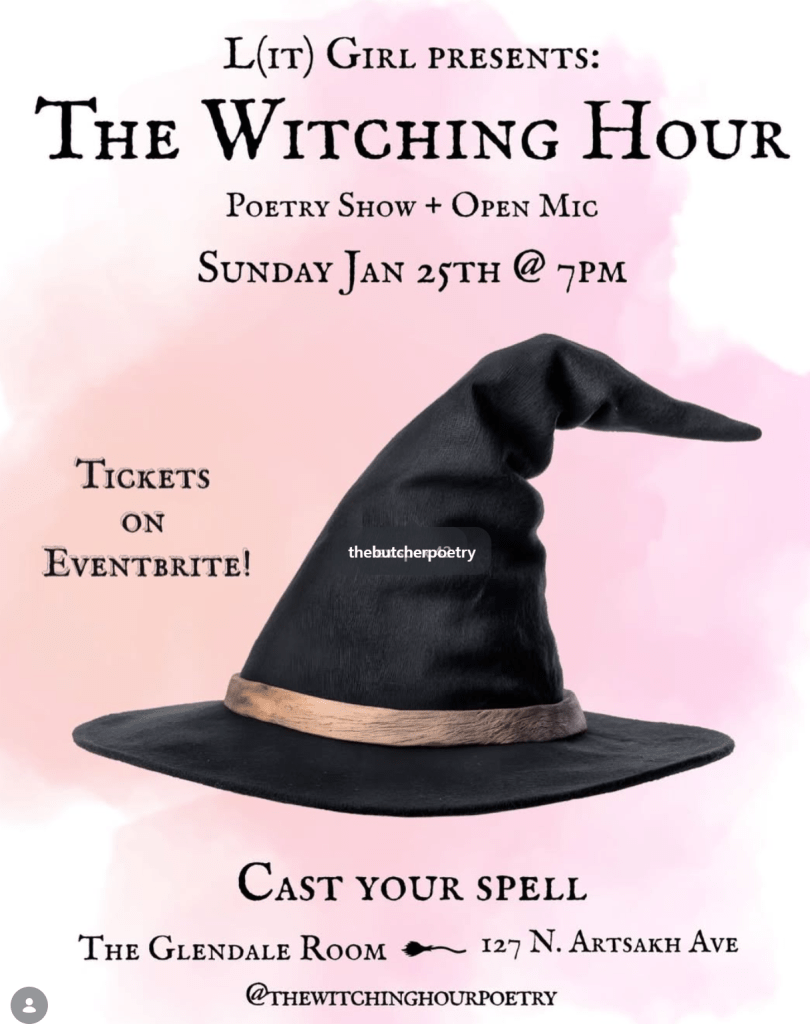 Promotional poster for 'The Witching Hour' poetry show featuring a black witch hat against a pink background. Details include event date, time, and location.