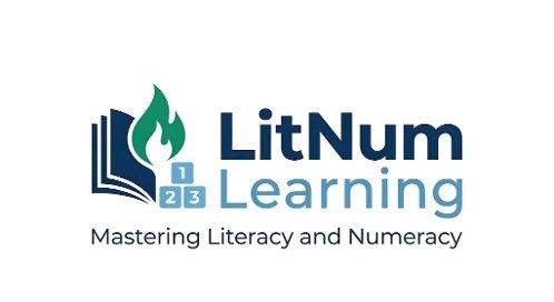 LitNum Learning official logo featuring an open book and graduation cap. Text reads: LitNum Learning, Ph.D.-Led Academic Intervention.