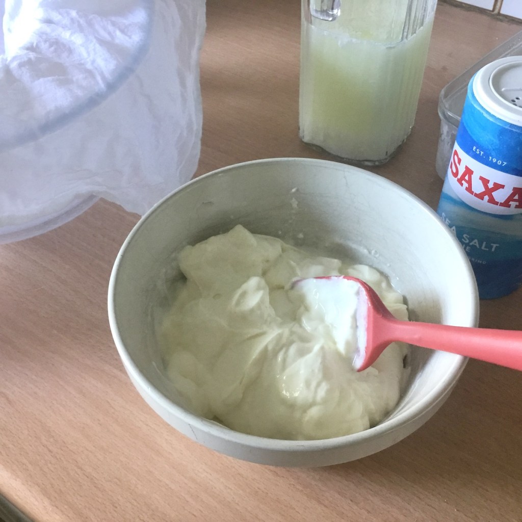 Making strained yoghurt cream cheese dip