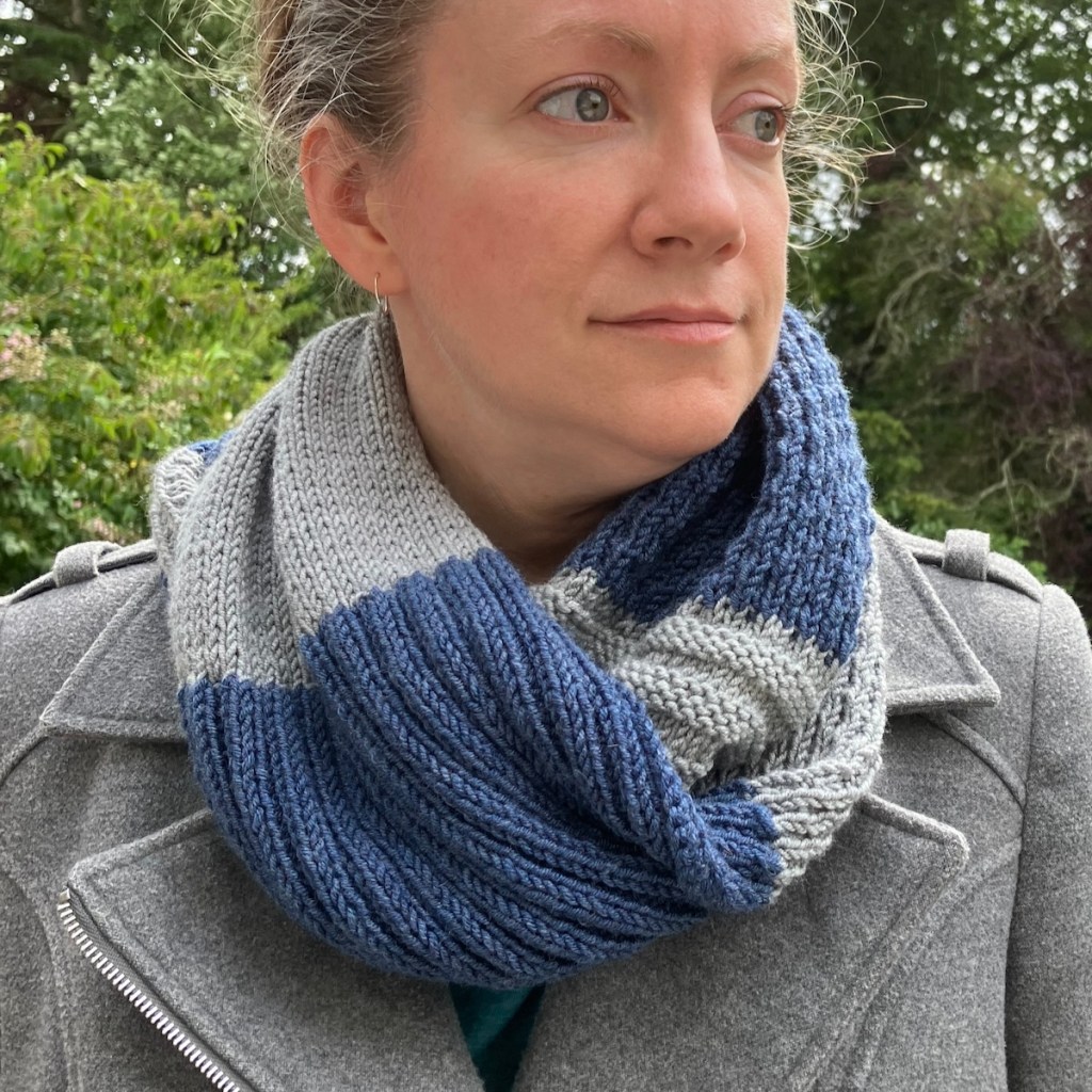 Knitted stitch sampler infinity scarf in grey and blue