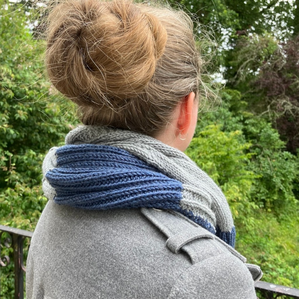 Knitted stitch sampler infinity scarf in grey and blue