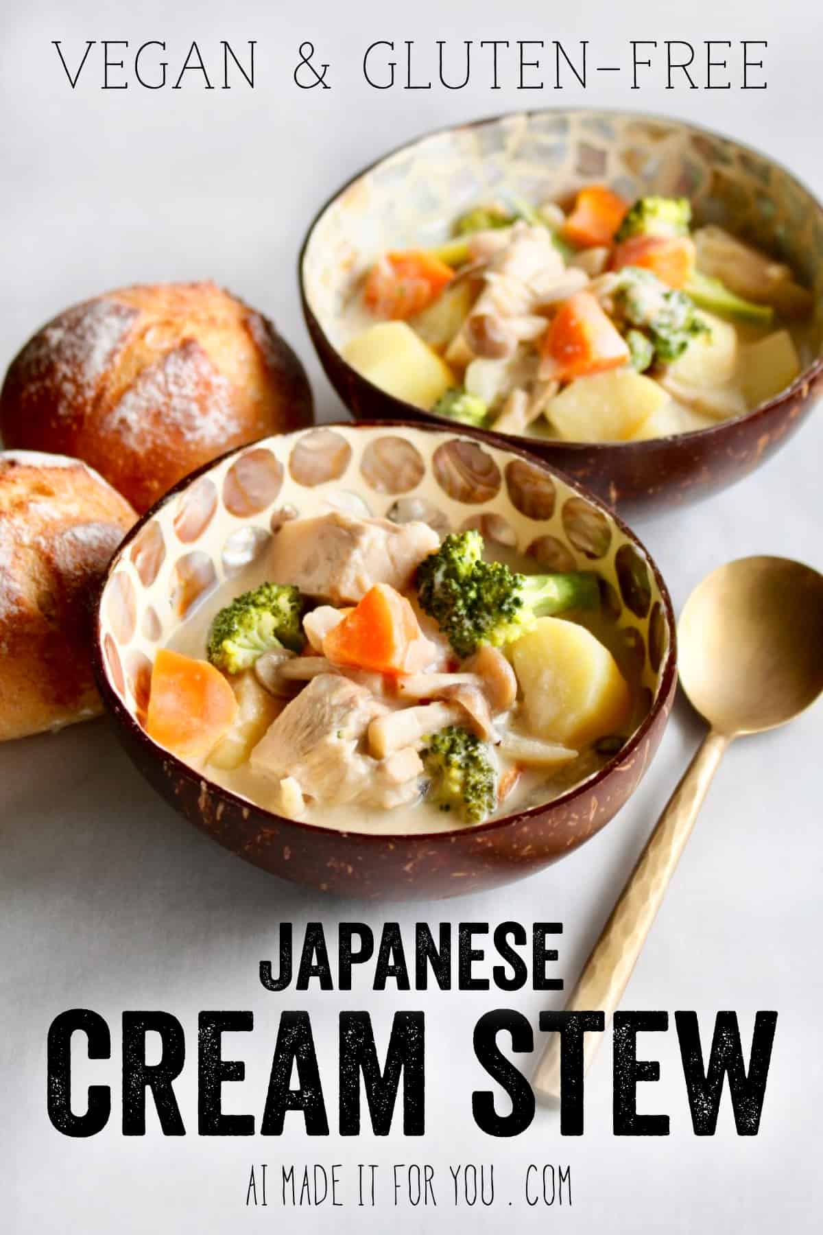 Vegan Japanese cream stew is the perfect dish to nourish your soul with comfort food this fall and winter! You’ll also be nourishing your body because it’s full of vegetables! I’ve swapped out the chicken for Nature’s Charm young green jackfruit, and the milk with Chef’s Choice coconut milk!  #vegan #ChefsChoice #coconutmilk #NaturesCharm #jackfruit #jackfruitrecipe #veganrecipe #glutenfree #Japanese #creamstew #potatoes #carrots #onion #broccoli #fall #recipe #dinner #comfortfood #winter #creamy #dairyfree #meatfree #stew #creamsoup #vegetablestew