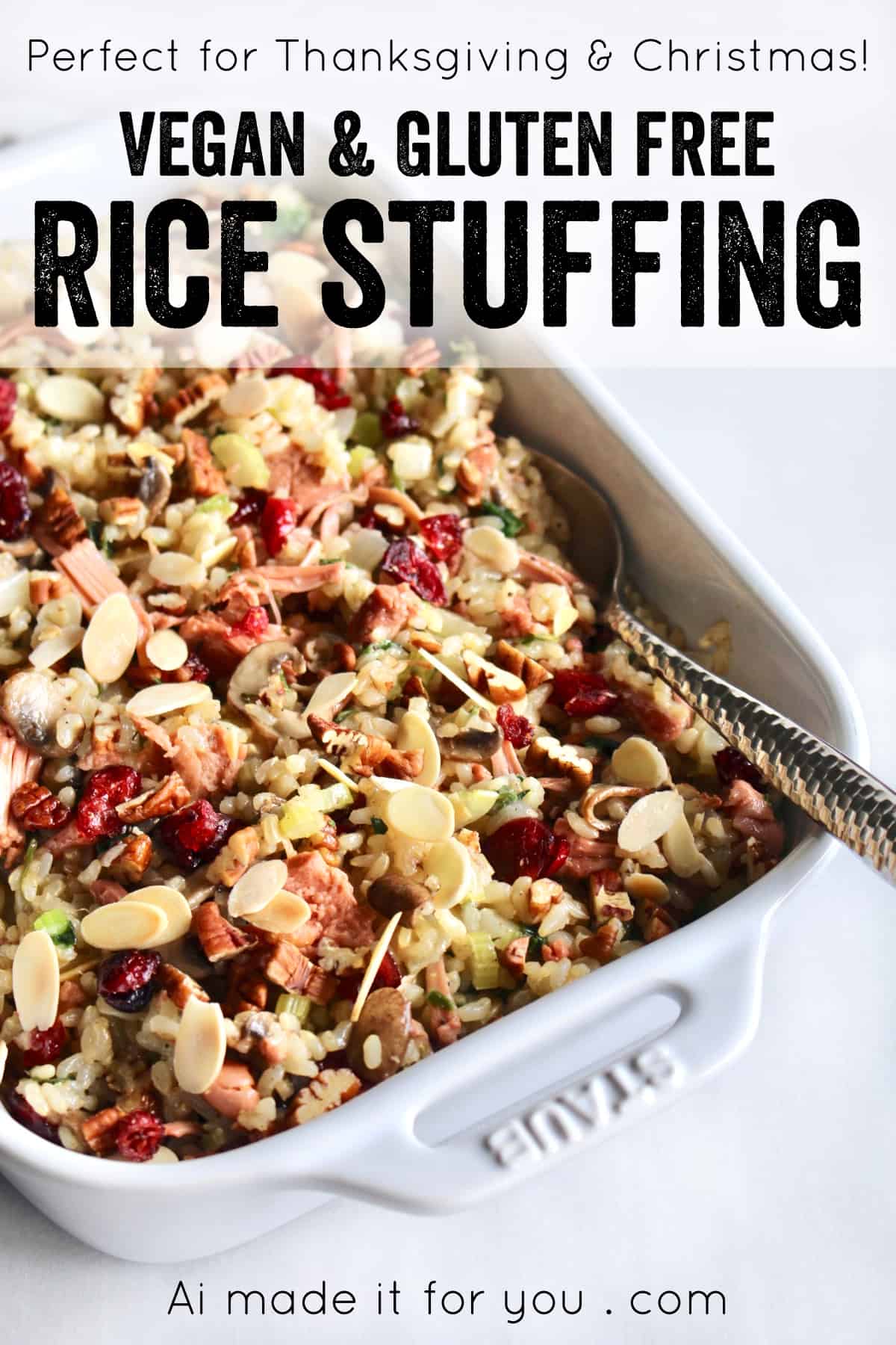 This rice stuffing with jackfruit is truly THE BEST stuffing ever! It’s both vegan and gluten free so everyone can enjoy it, making it perfect for the holidays when you have guests with different dietary restrictions. Full of brown rice, vegetables, cranberries, nuts, and jackfruit confit, there’s so much flavor in this stuffing you won’t be missing the meat! This is sure to be your new go to stuffing recipe for Thanksgiving and Christmas! #rice #ricestuffing #stuffing #thanksgiving #christmas #dinner #glutenfree #vegan #vegetarian #brownrice #easy #jackfruit #meatsubstitute #meatless #holidays #fall #winter #recipe #beststuffing #cranberries #almonds #pecans