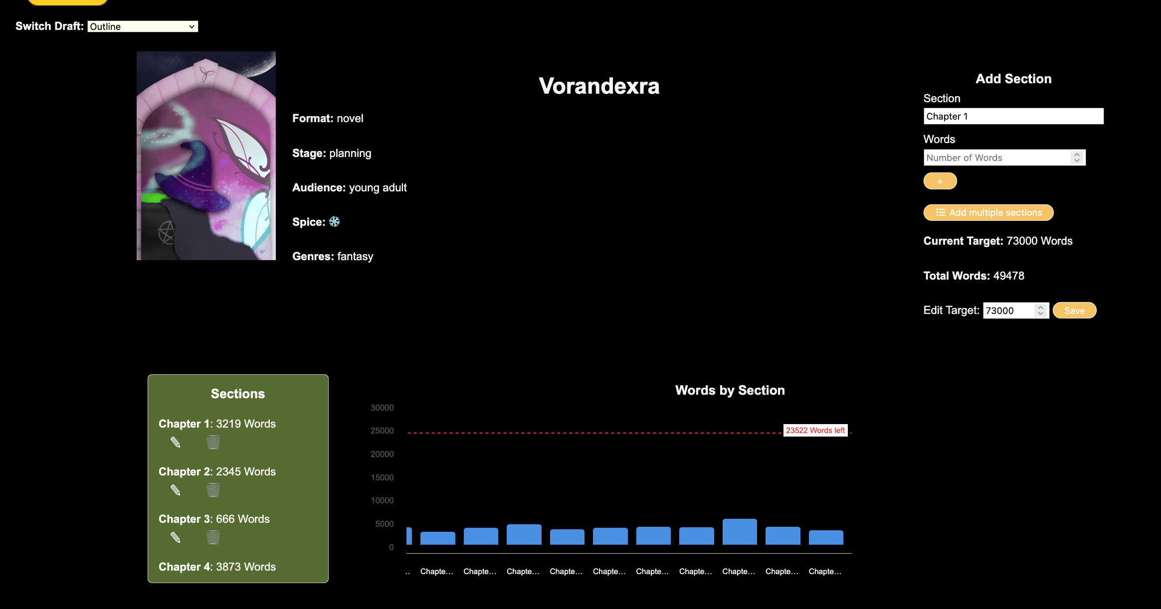 Screenshot of the “Vorandexra” novel project page on Story Strides. It shows project details, cover:
 Current target: 73,000 words
 Total words: 49,478
 Edit target: 73,000 words
 A Sections panel listing chapters, 
 A Words by Section bar chart visualising chapter word counts.
 Controls on the right for adding individual or multiple sections and changing the target word count.  On the graph is a count down to 0 dotted line. 
