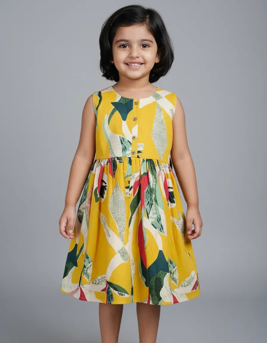 Girls' Yellow Abstract Leaf Print Sleeveless Fit-and-Flare Dress | Printed Frock