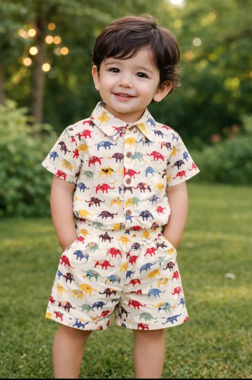 Kids Boys Multicolor Elephant Print Cotton Co-Ord Set | Shirt & Shorts