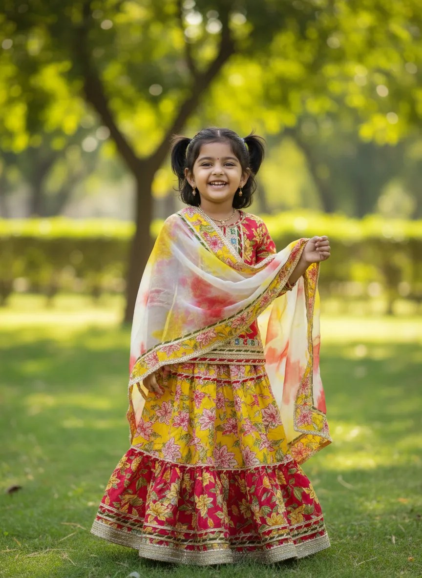 Girls Yellow and Red Floral Lehenga Choli Set with Tie-Dye Dupatta – Kids Festive Ethnic Wear