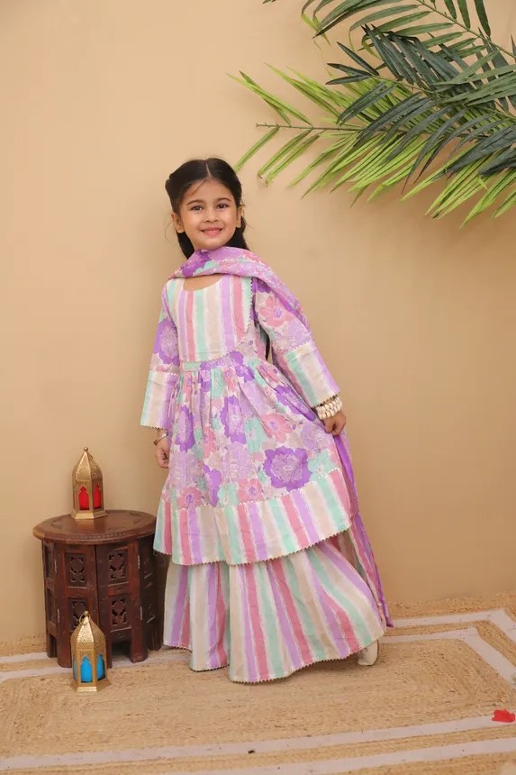 Kid Girls 3-Piece Cotton Printed Flared Kurti and Palazzo Suit | Pastel Floral Peplum Kurta Set with Dupatta | Ethnic Party Wear