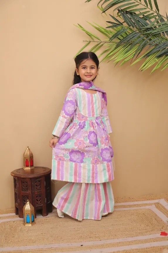 Kid Girls 3-Piece Cotton Printed Flared Kurti and Palazzo Suit | Pastel Floral Peplum Kurta Set with Dupatta | Ethnic Party Wear