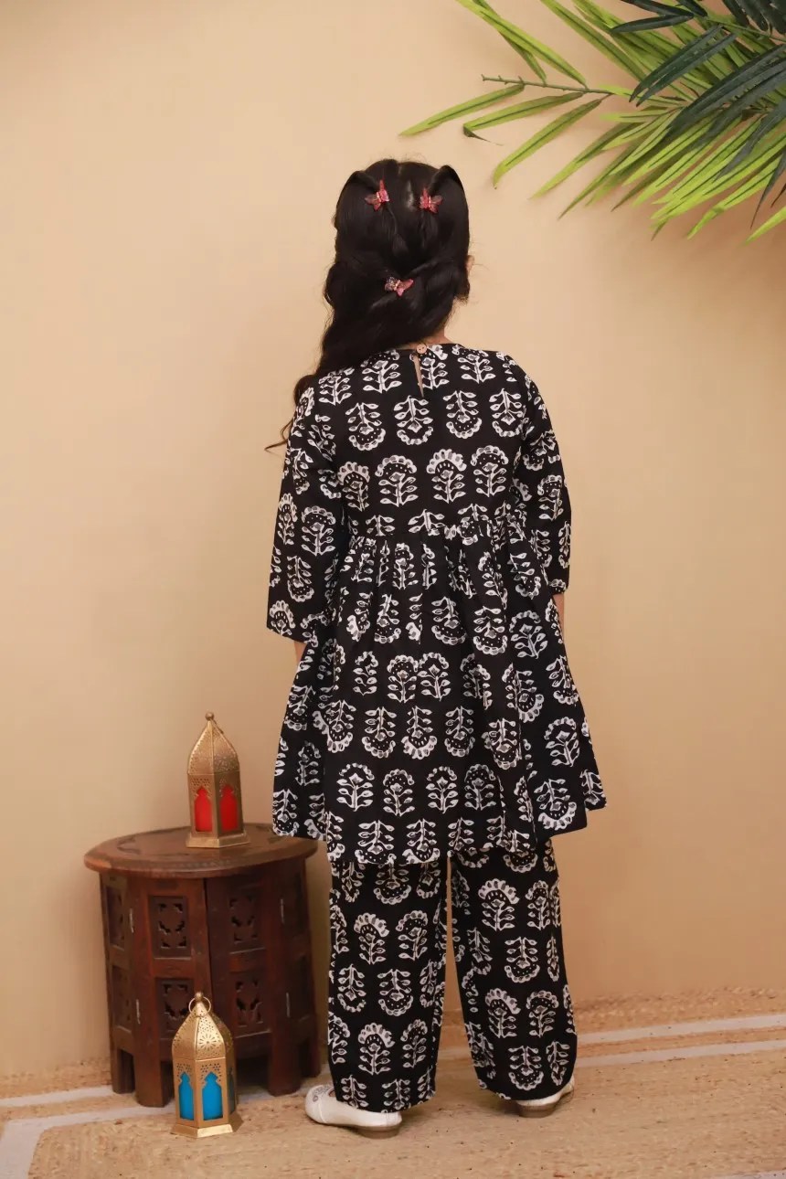 Traditional Black & White Printed Cotton A-Line Kurti and Pant Set for Kids Girls | Fusion Wear