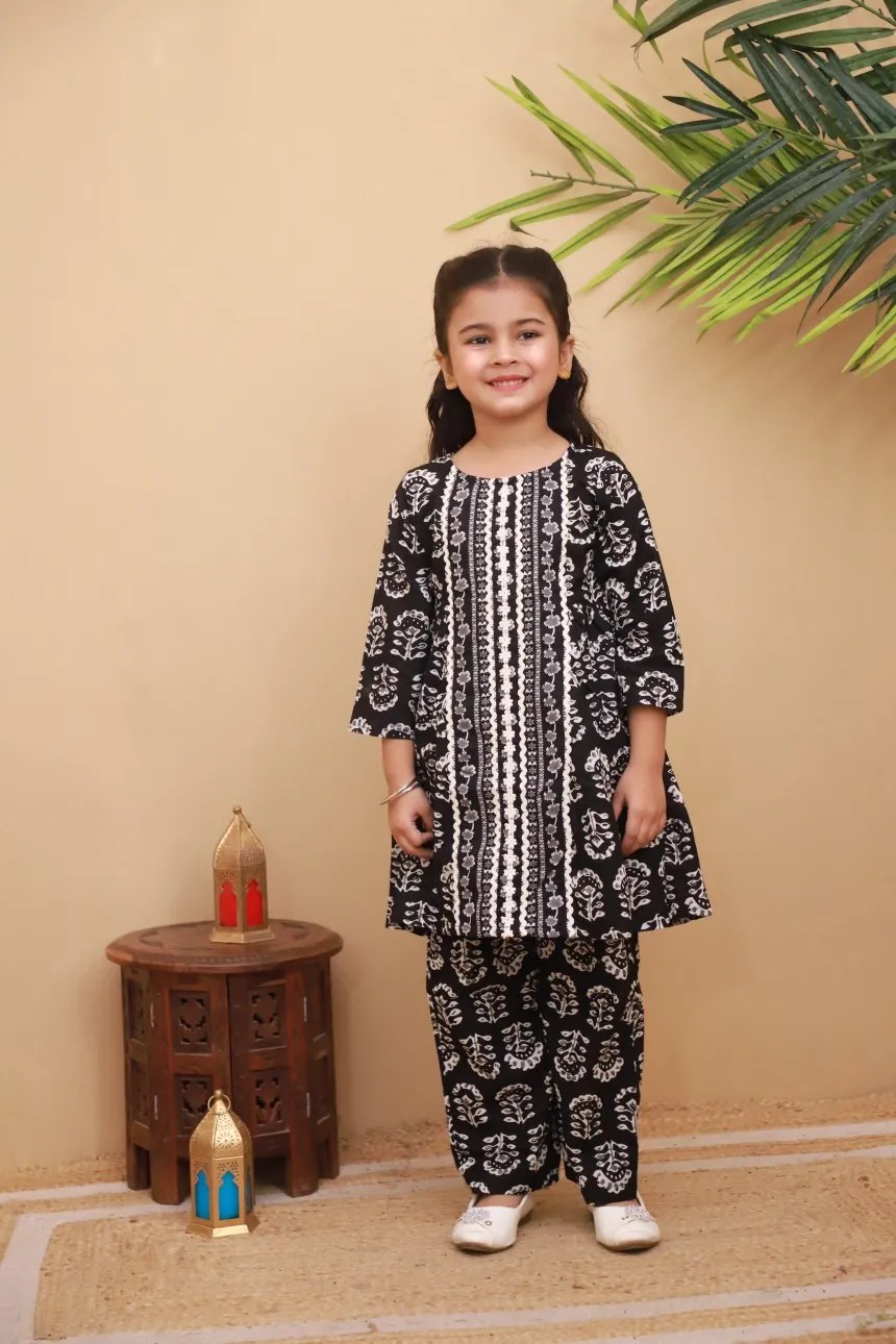 Traditional Black & White Printed Cotton A-Line Kurti and Pant Set for Kids Girls | Fusion Wear