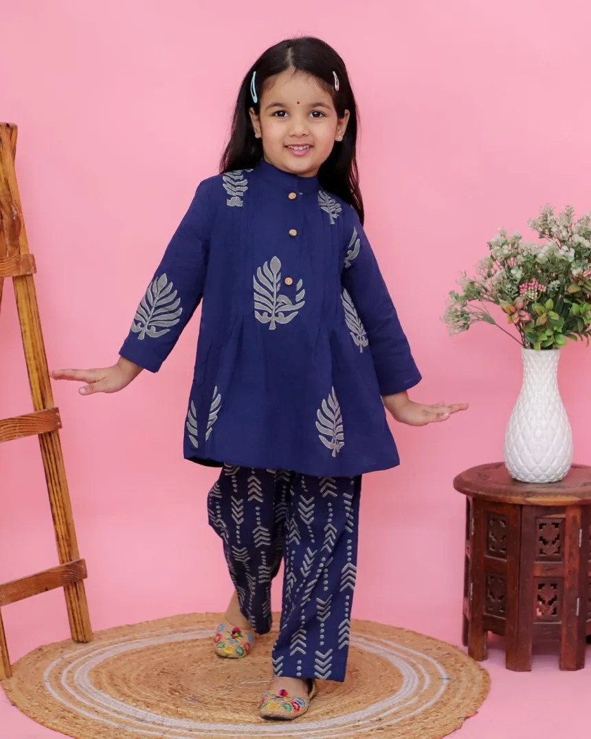 Girls Indigo Blue Traditional Suit | Printed Flared Tunic Top & Printed Pants | Casual Party Wear for Kids