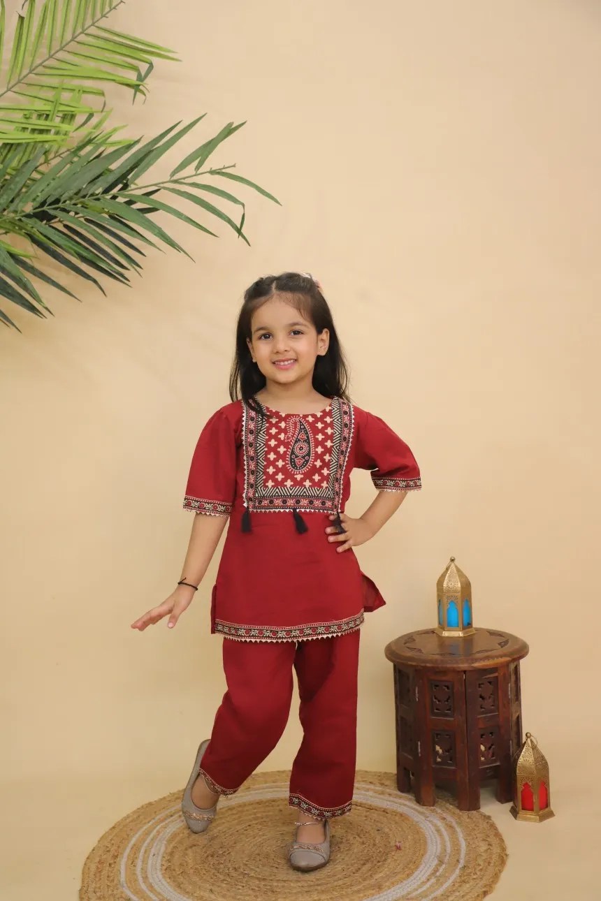 Girls Deep Maroon Cotton Kurta Pant Set with Printed Ajrakh Yoke – Kids Festive Ethnic Wear