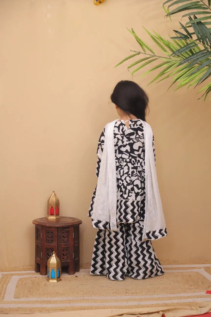 Girls Black and White Chevron Printed Sharara Suit Set with Dupatta – Kids Contemporary Festive Wear