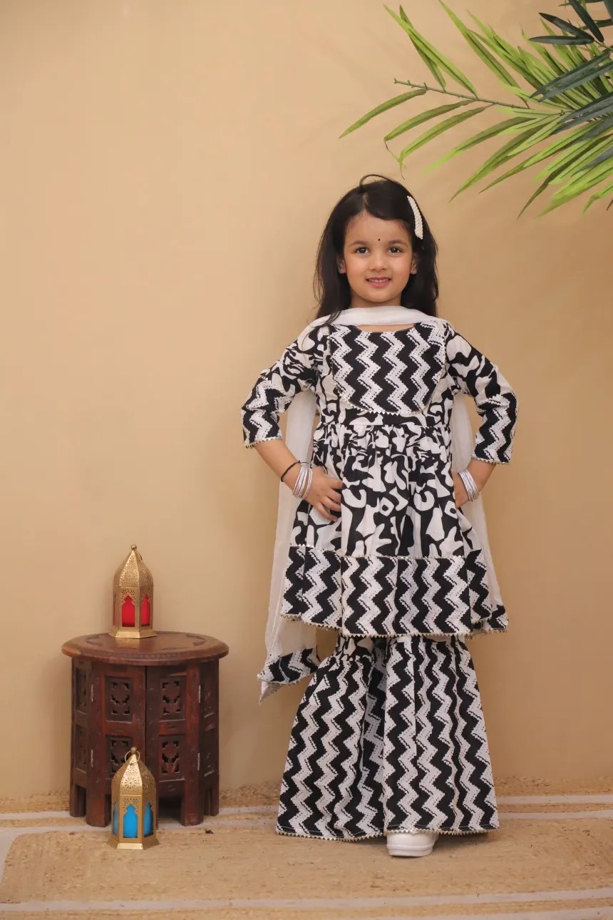 Girls Black and White Chevron Printed Sharara Suit Set with Dupatta – Kids Contemporary Festive Wear