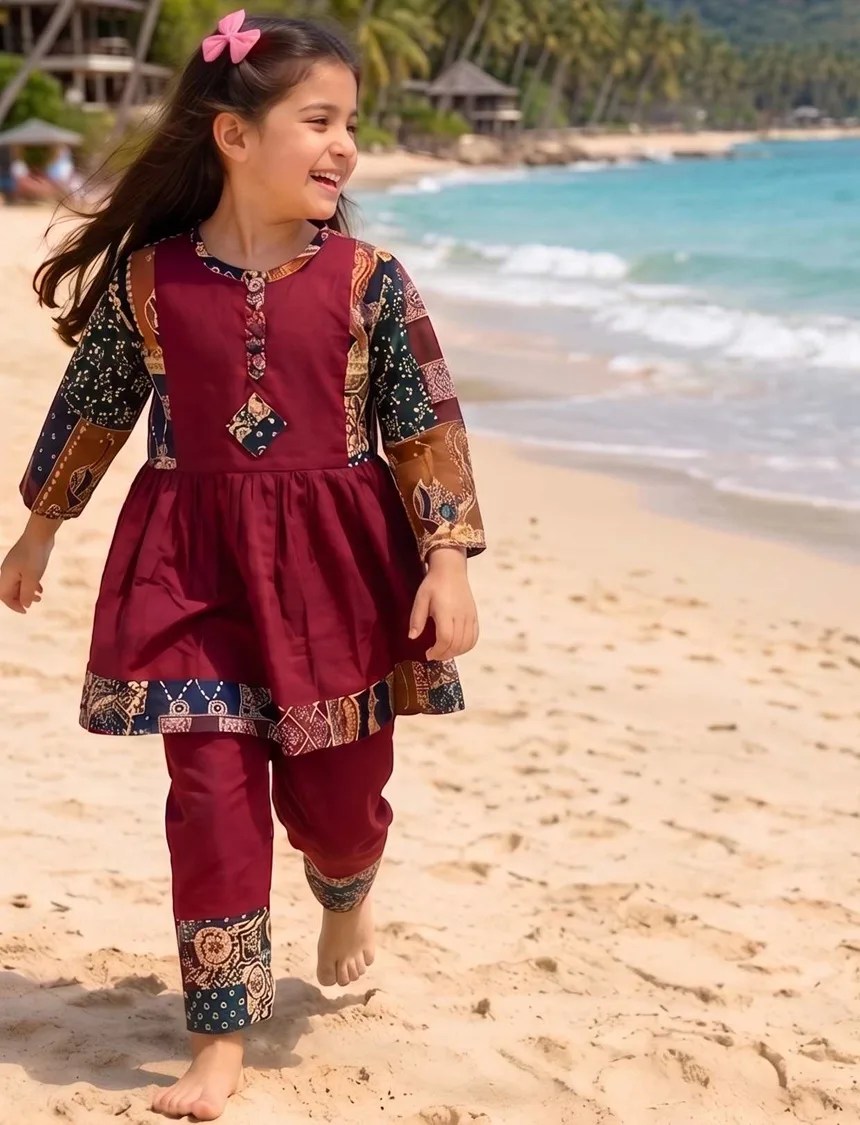 Little Z Kids Traditional Girls' Festive Wear - Maroon Patchwork Peplum & Palazzo Co-ord Set