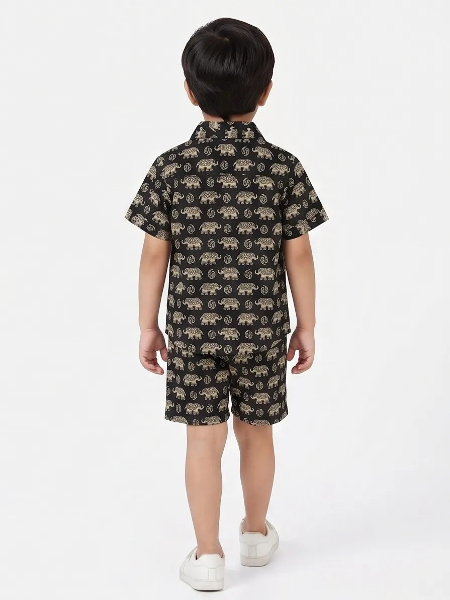 Kids Boys Elephant Print Black Cotton Co-Ord Set | Summer Wear | Cotton Printed Shirt and Shorts